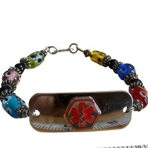Diabetic Medical Alert Bracelet Evil Eye Glass Beads Stainless Steel Boho